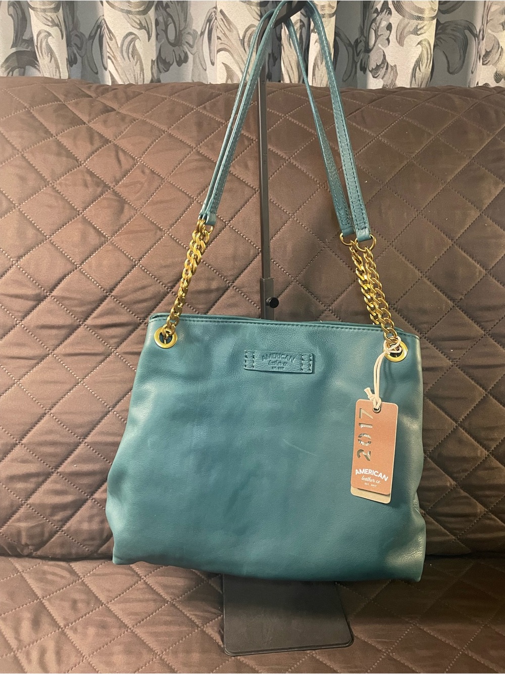 Teal Leather Shoulder Bag with Gold Chain Straps